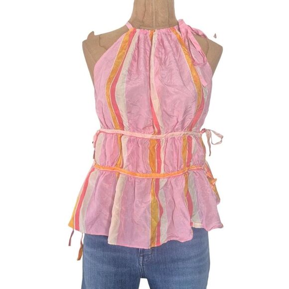 Club Monaco Pink & Yellow Striped Halter Top Ruffle Silk Size Medium - Picture 2 of 5